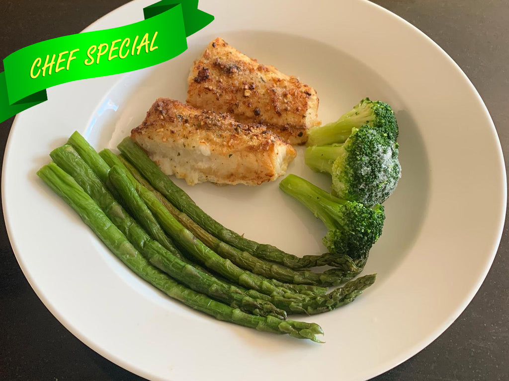 Baked Cod Fish with Broccoli and Asparagus