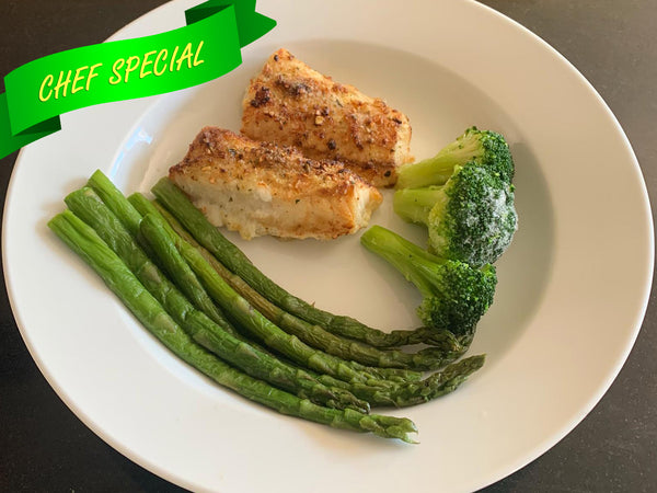 Baked Cod Fish with Broccoli and Asparagus