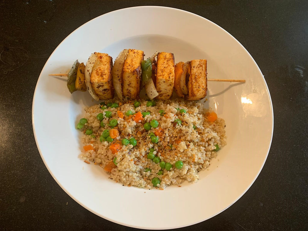 Cottage Cheese Skewers with vegetable quinoa