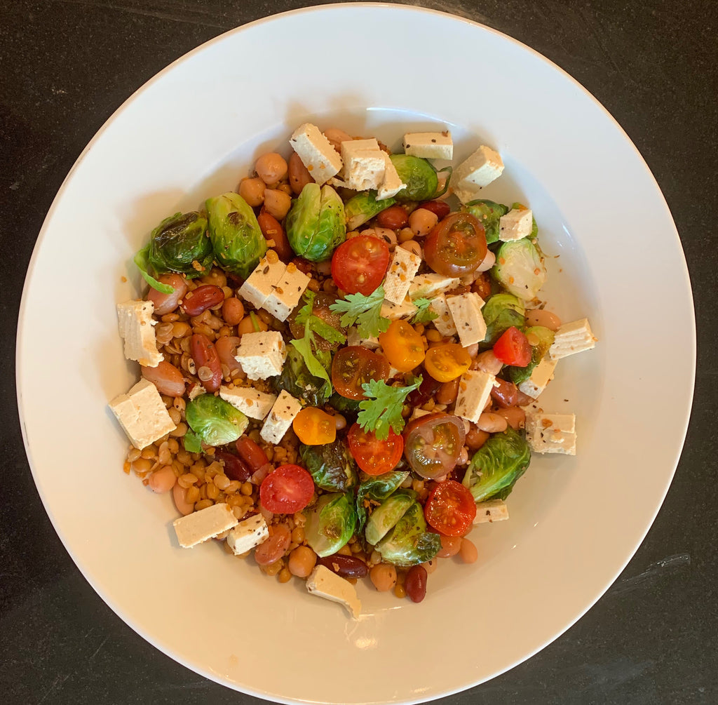(GO VEGAN GO)   Tofu with Lentils , Beans and Brussels .