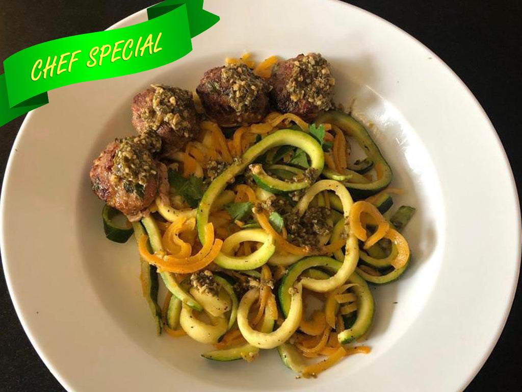 Zucchini and Squash zoodles with Pesto Turkey Meat Balls